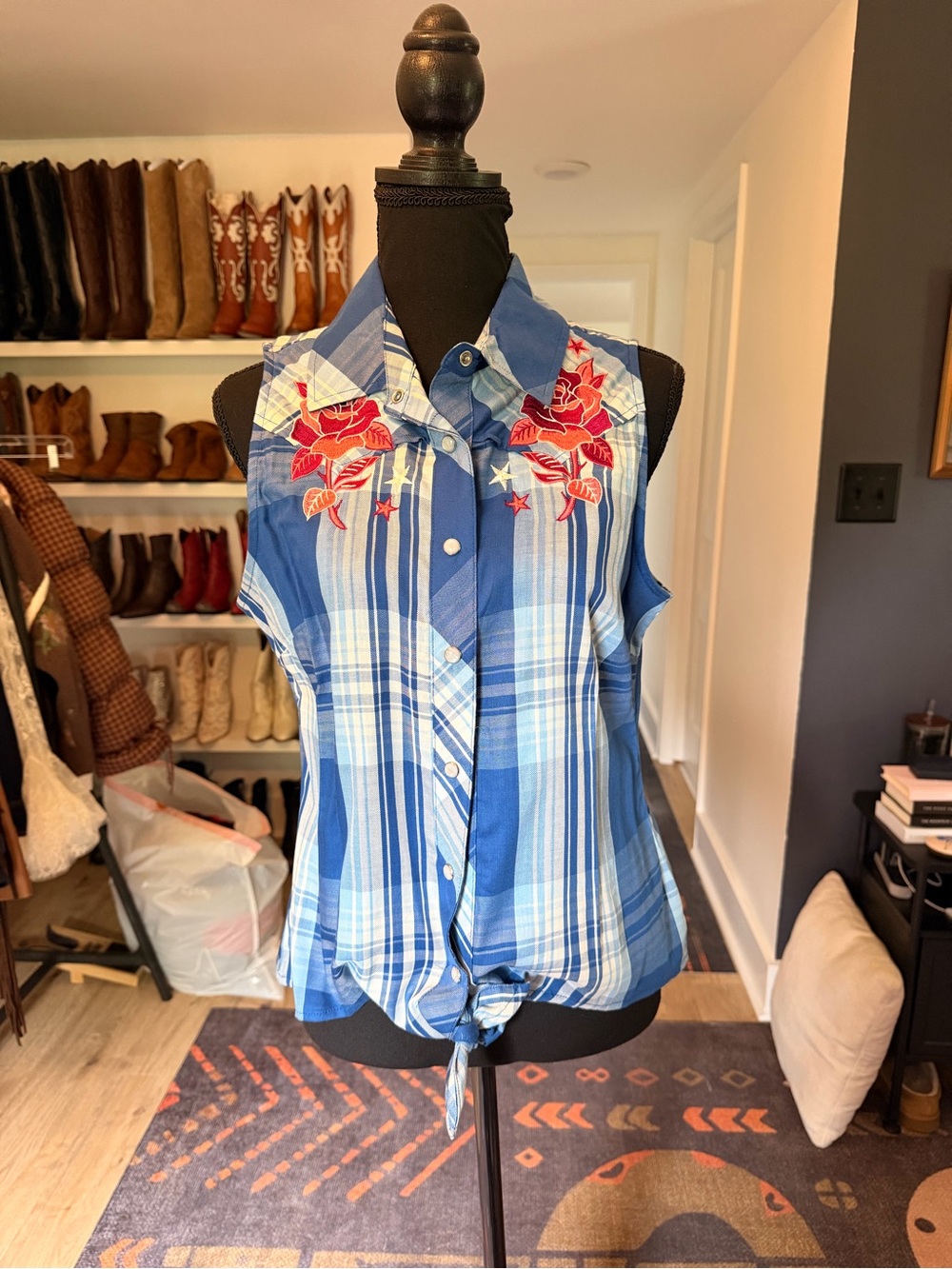 Idyllwind Sleeveless Blue Plaid Tie-Hem Top with Red Floral Embroidery
